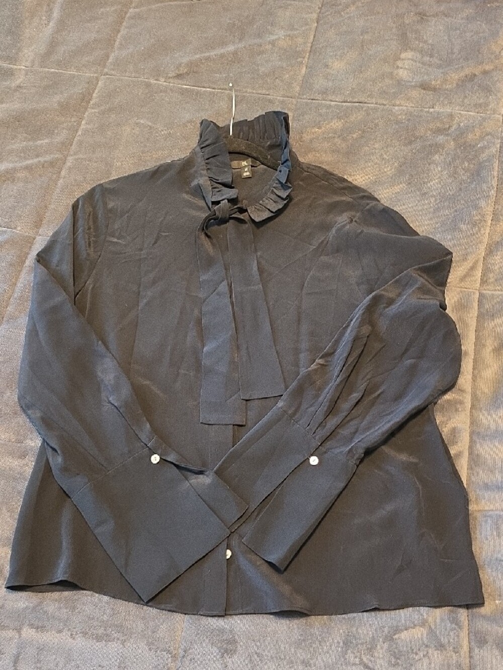 Black Long Sleeve Silk Tie Neck Button Down Shirt